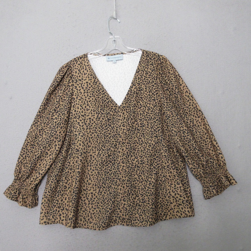 Tuckernuck Top Large Leopard Smocked Cuff Preppy Statement Timeless Classic READ